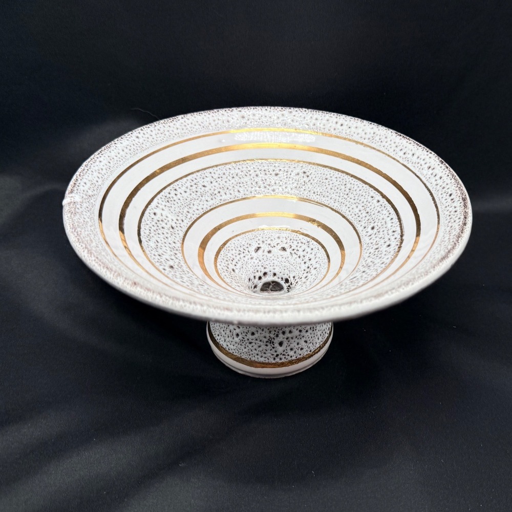 Vintage Italy Pottery Pedestal Bowl White Gold Lava Speckle Mid Century Modern